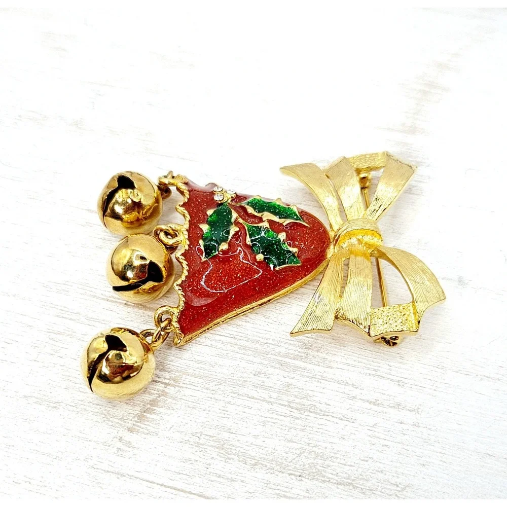 Vintage Christmas Bell Bow Brooch – Goldtone Glitter Enamel Holiday Pin